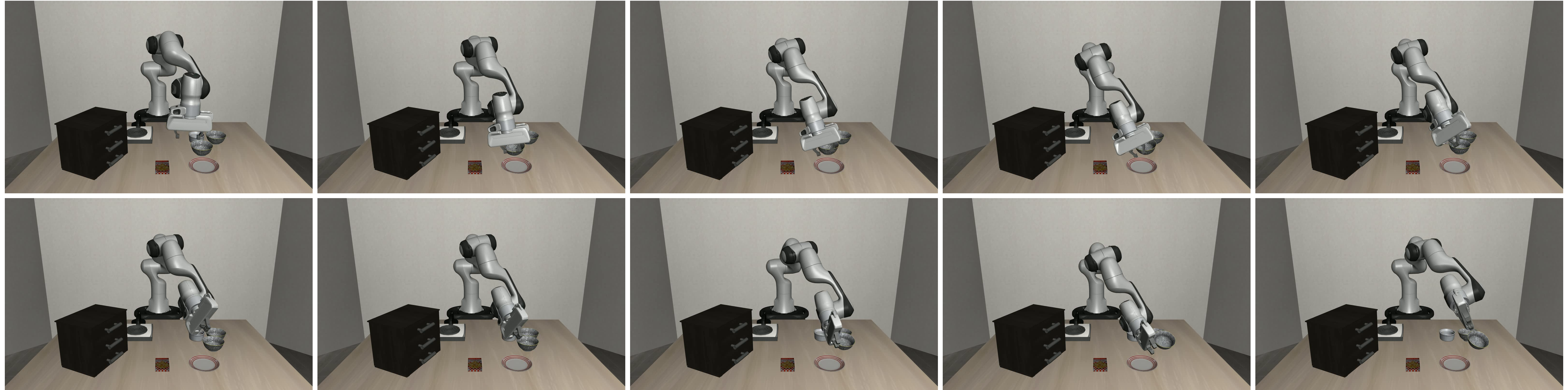 Collage of failure case rollout frames on a bowl and plate manipulation task